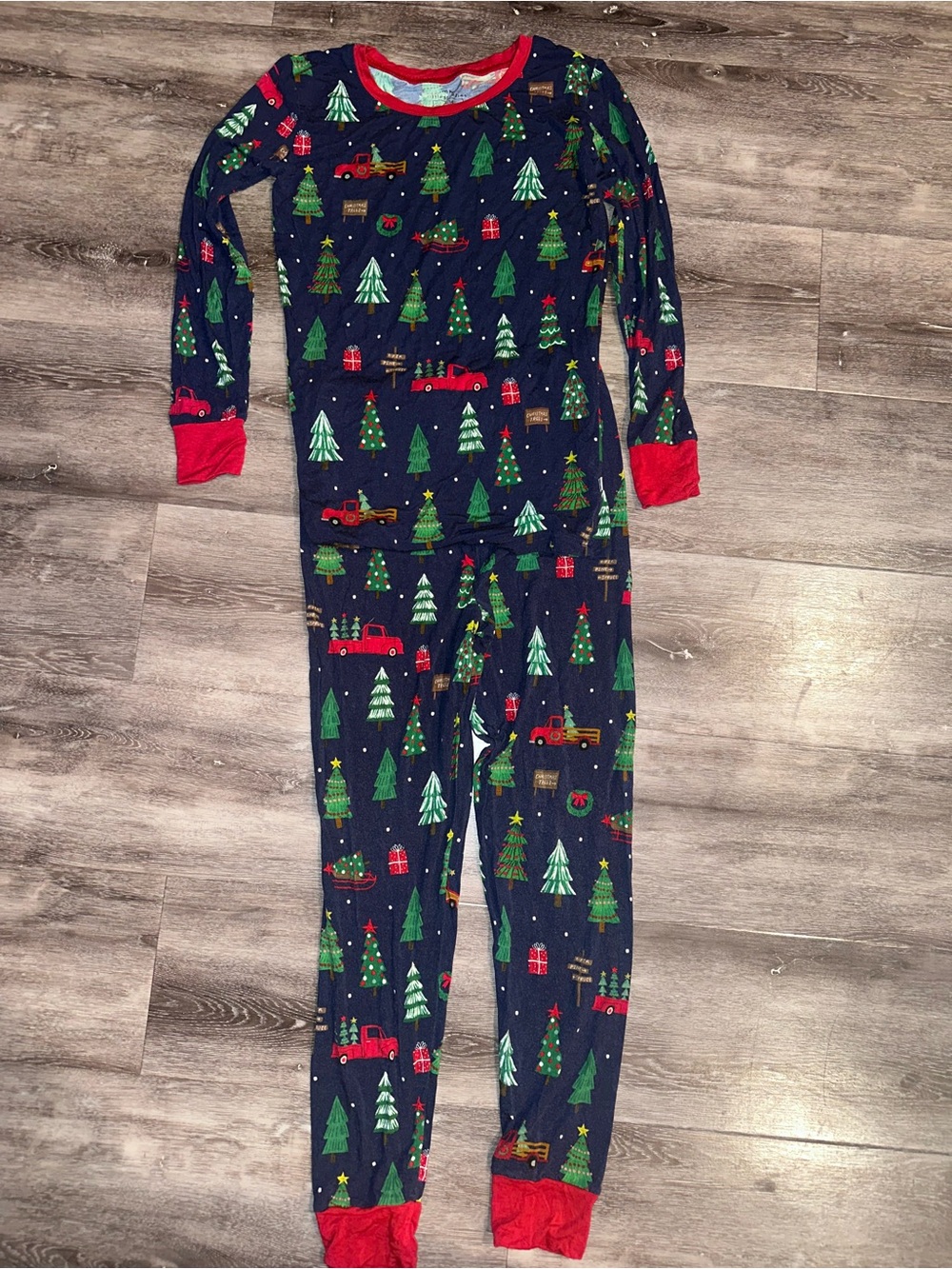 Little Sleepies 12-14 Kids Navy Christmas Tree & Truck Pajama Set - Red Trim